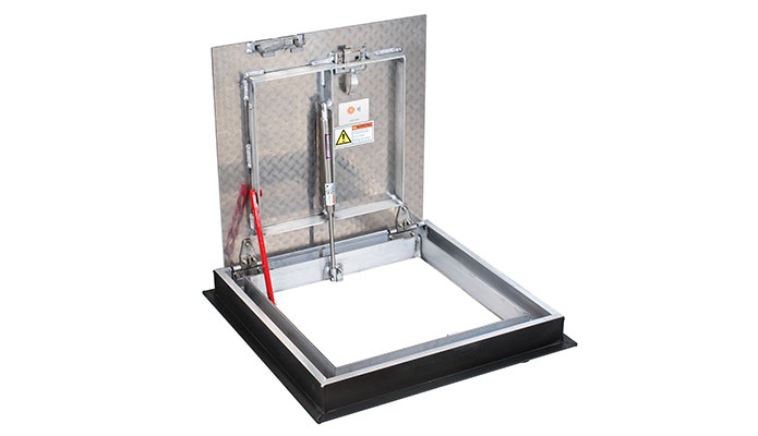 Aluminum fabricated hatch with safety bar and lift assist open