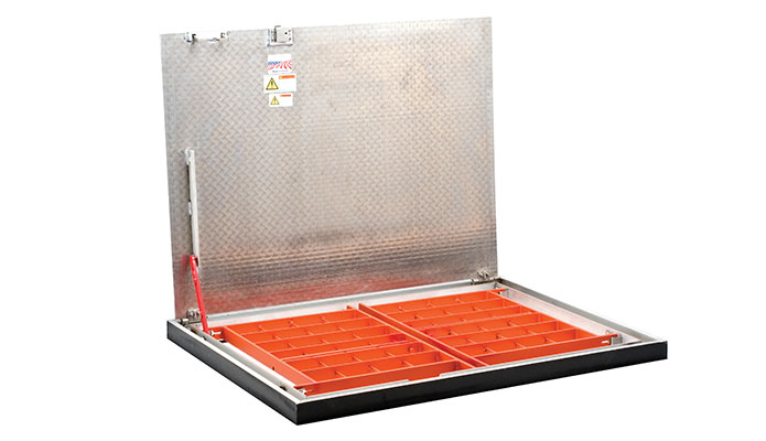 Aluminum fabricated hatch with safe hatch safety access system orange open